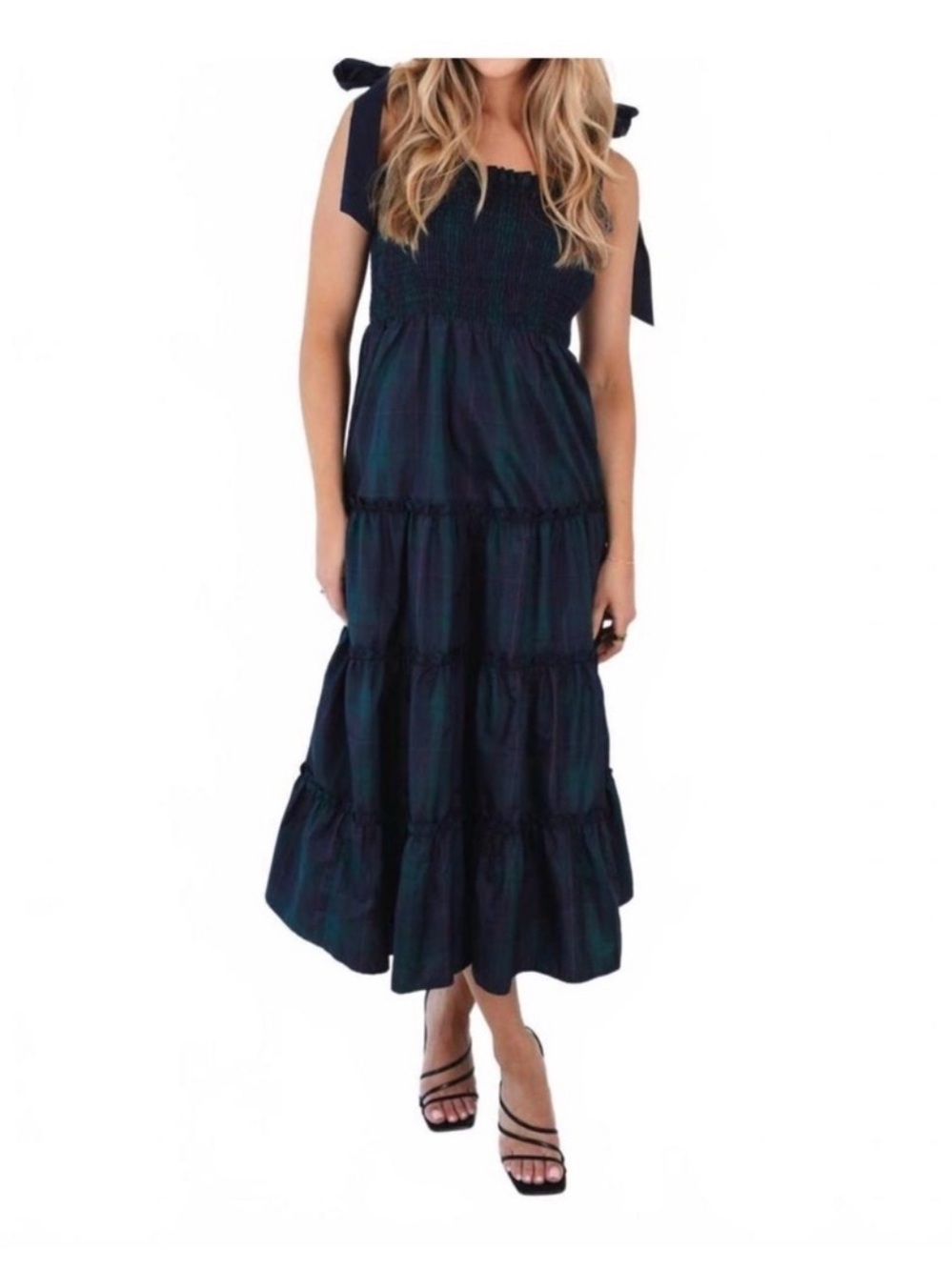 The Katrina Tie Strap Midi Smocked Tiered Dress in Navy